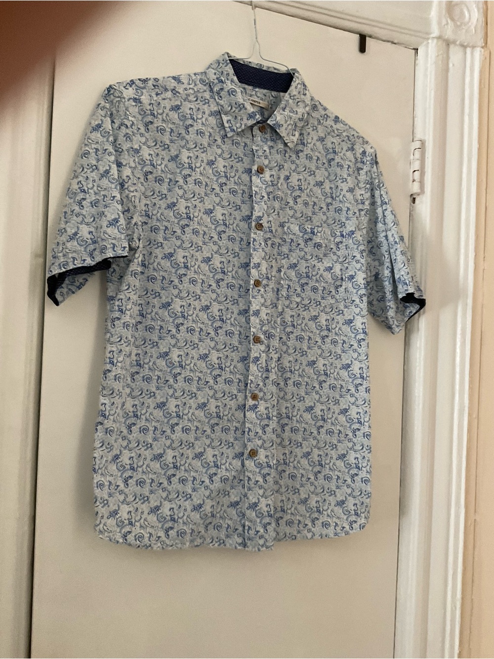 Light Blue Paisley Short-Sleeve  Cotton Button-Down Shirt